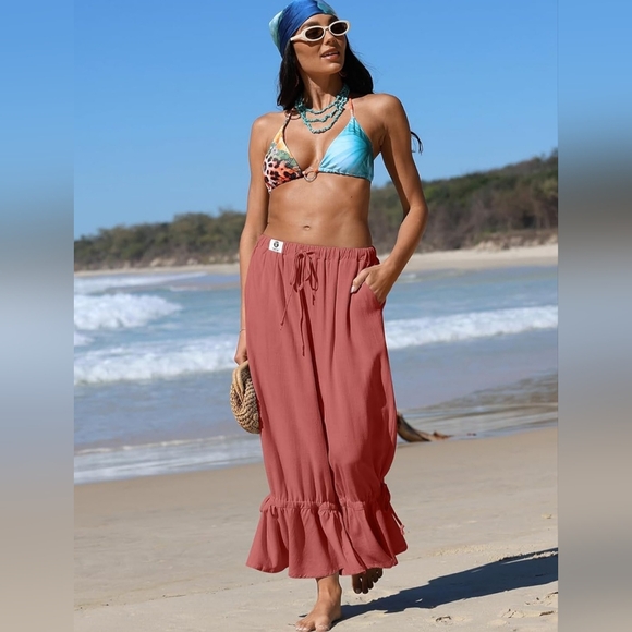 Linen Wide Leg Palazzo Pants Ruffle Hem | Size Large | NWT - Picture 4 of 4